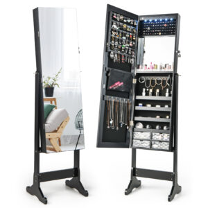Lockable Jewelry Armoire Organizer with Rimless Full-Length Mirror-Black