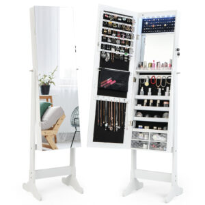 Lockable Jewelry Armoire Organizer with Rimless Full-Length Mirror-White