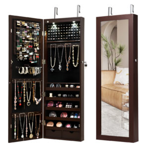 Lockable Jewelry Cabinet with Full Length Mirror and LED Lights-Brown