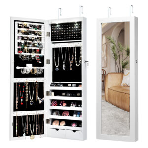 Lockable Jewelry Cabinet with Full Length Mirror and LED Lights-White