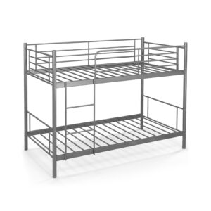 Metal Twin Over Twin Bunk Beds with Ladder and Full-length Guardrails-Silver