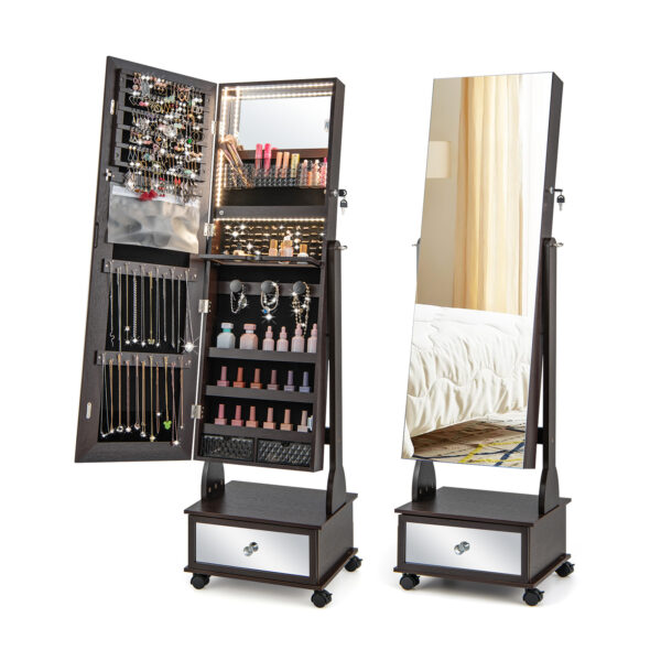 Standing Jewelry Armoire with Full-Length Mirror LED Lights and Drawers-Brown