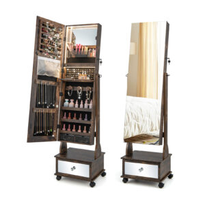 Standing Jewelry Armoire with Full-Length Mirror LED Lights and Drawers-Coffee