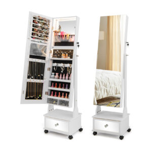 Standing Jewelry Armoire with Full-Length Mirror LED Lights and Drawers-White