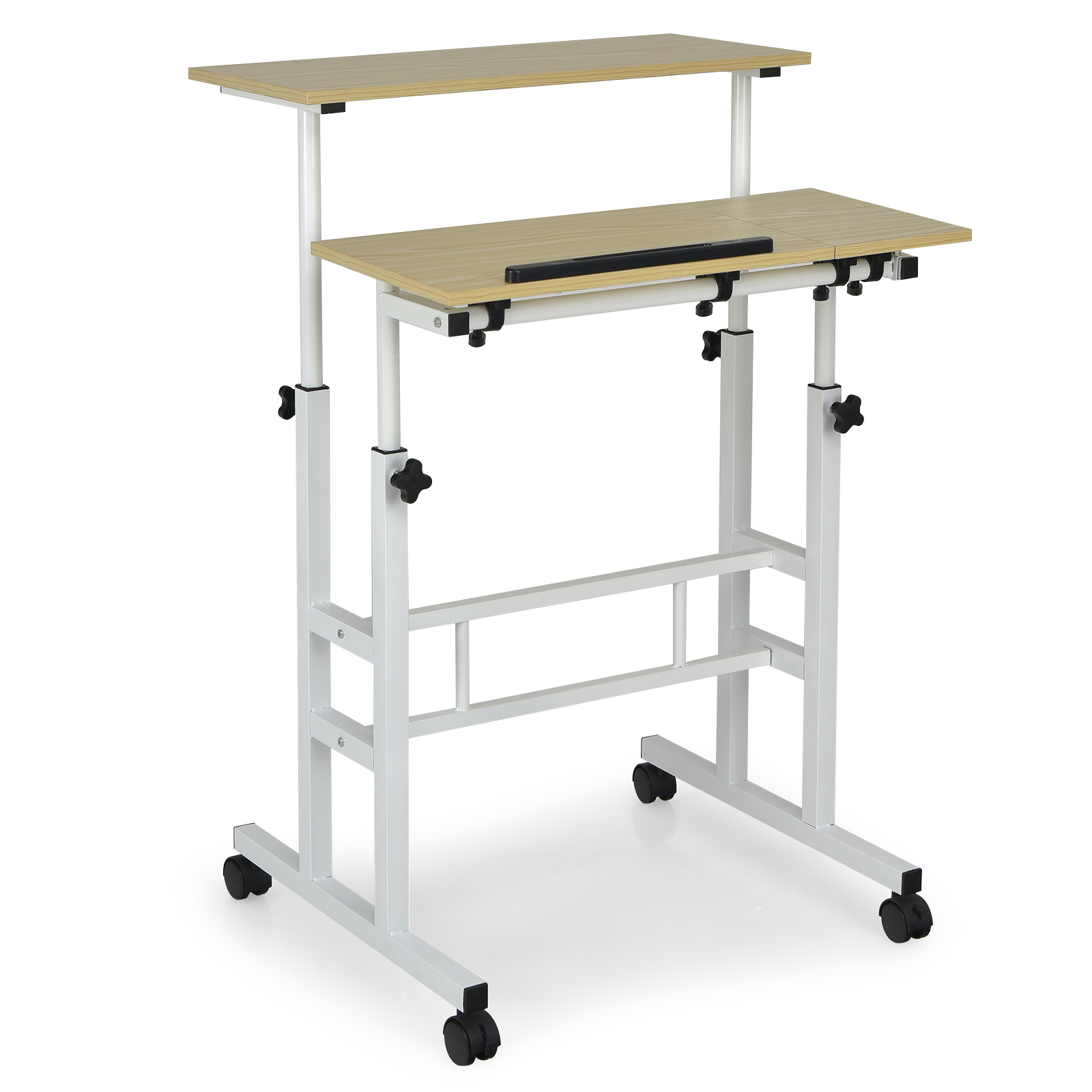Height Adjustable Workstation with Wheels for Standing or Sitting-Natural