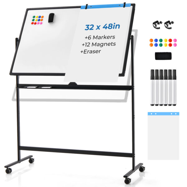 Reversible Mobile White Board with Adjustable Height-Black