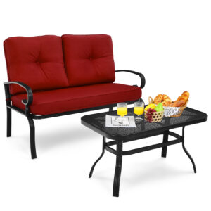 Garden Furniture Set with 2 Seat Cushioned Sofa and Coffee Table-Red