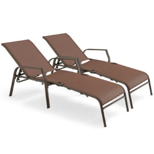 Set of 2 Folding Sun Lounger with 5 Positions Adjustable Stackable Deck -Brown