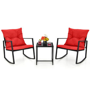 3 Pieces Rocking Chair and Glass Coffee Table Set-Red