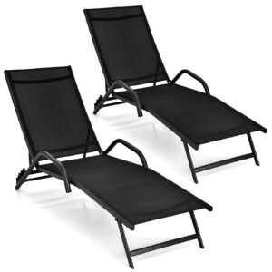 Set of 2 Outdoor Chaise Lounge Chairs with Breathable Seat-Black