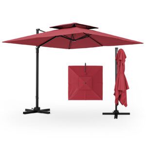 3M Square Cantilever Garden Parasol with 360° Rotation and Double Top-Wine