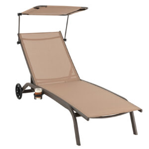 Patio Chaise Lounge Chair with Wheels and Adjustable Canopy-Brown