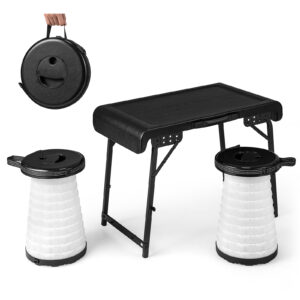 3-Piece Folding Table Stool Set with a Camping Table and 2 Retractable LED Stools-Black