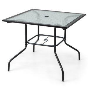 Patio Dining Table with Tempered Glass Tabletop and Umbrella Hole(Umbrella NOT Included)