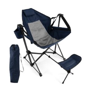 Folding Hammock Chair with Retractable Footrest and Bag-Navy