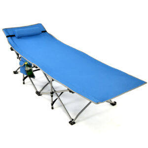 Folding Camping Cot with Detachable Headrest and Side Pocket-Blue