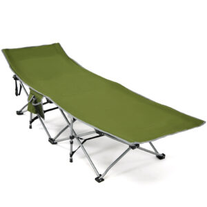 Folding Camping Cot with Detachable Headrest and Side Pocket-Green