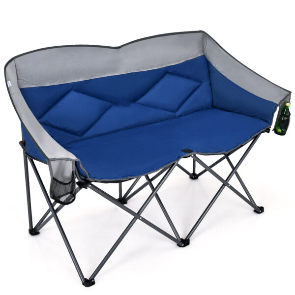 Double Folding Camping Chair with Padded Seat and Storage Pockets-Blue