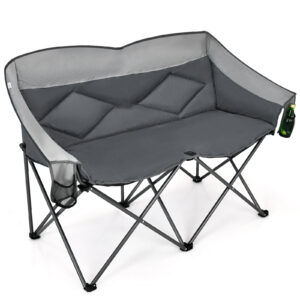 Double Folding Camping Chair with Padded Seat and Storage Pockets-Grey