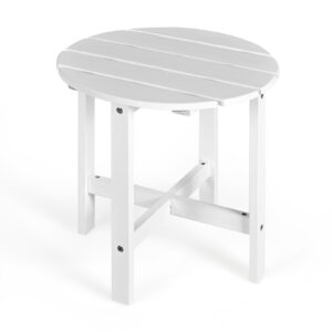 Round Wood Patio End Table with Slatted Design for Balcony Lawn-White