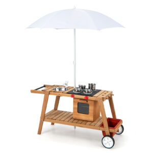 Wooden Kids Play Trolley with Umbrella and Storage Cabinet-White