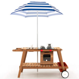Wooden Kids Play Trolley with Umbrella and Storage Cabinet-Blue