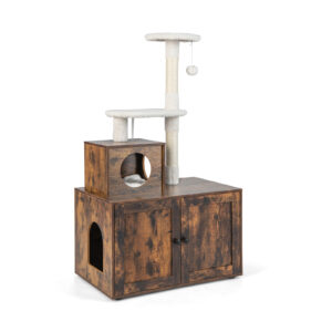 Cat Litter Box Enclosure with Cat Tree and Kitty Condo-Rustic Brown