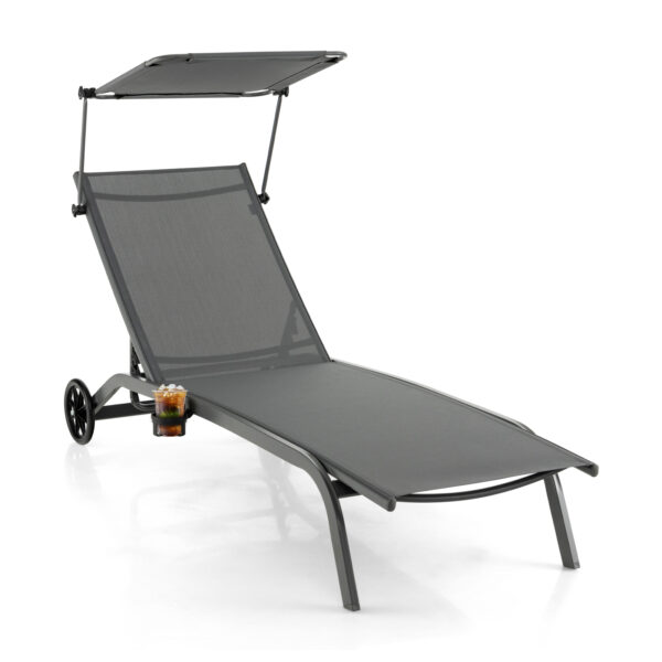 Patio Chaise Lounge Chair with Wheels and Adjustable Canopy-Grey