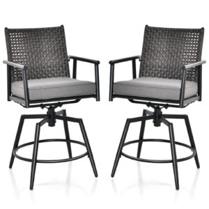 Patio Swivel Bar Stools Set of 2 with PE Rattan Back and Metal Frame-Black