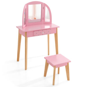 Kids Dressing Table and Stool Set Tri-Folding Mirror and Drawer -Pink