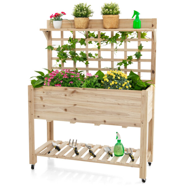 Wooden Raised Mobile Garden Bed with Trellis and Wheels