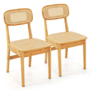 Rattan Dining Chairs Set of 2 with Simulated Rattan Backrest and Wood Frame-Natural