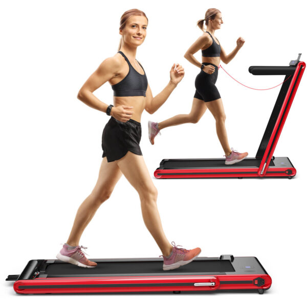 2-in-1 Folding Under Desk Treadmill with Dual LED Display-Red