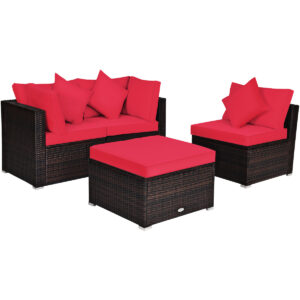 4 Pieces Outdoor Rattan  Conversation Set with Removable Cushions and Pillows-Red
