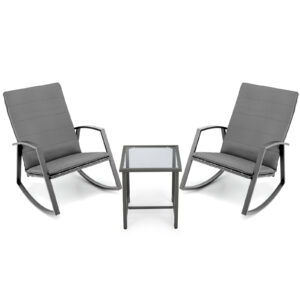 PE Rattan Rocking Chairs with Tempered Glass Side Table-Grey
