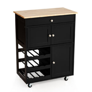 Rolling Kitchen Cart with 3 Tier Wine Racks and Cupboards-Black