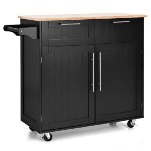 Rolling Kitchen Island with 2-Door Storage Cabinet-Black
