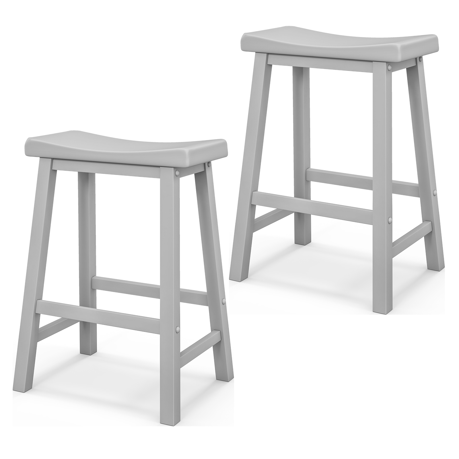 Saddle Stools Set of 2 with Solid Wood Legs and Footrests-Grey