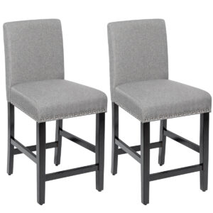 Set of 2 Bar Stool Upholstered Fabric with Low Backrest and Wide Seat-Grey