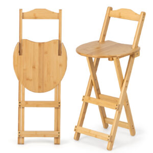 Set of 2 Folding Bar Stool with Backrest and Footrest for Home Bistro-Natural