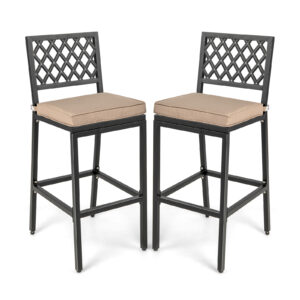 Set of 2 Metal Frame Patio Bar Stools with Detachable Cushion and Footrest-Black
