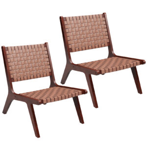 Set of 2 Woven Leather Accent Chairs with Wood Frame-Brown