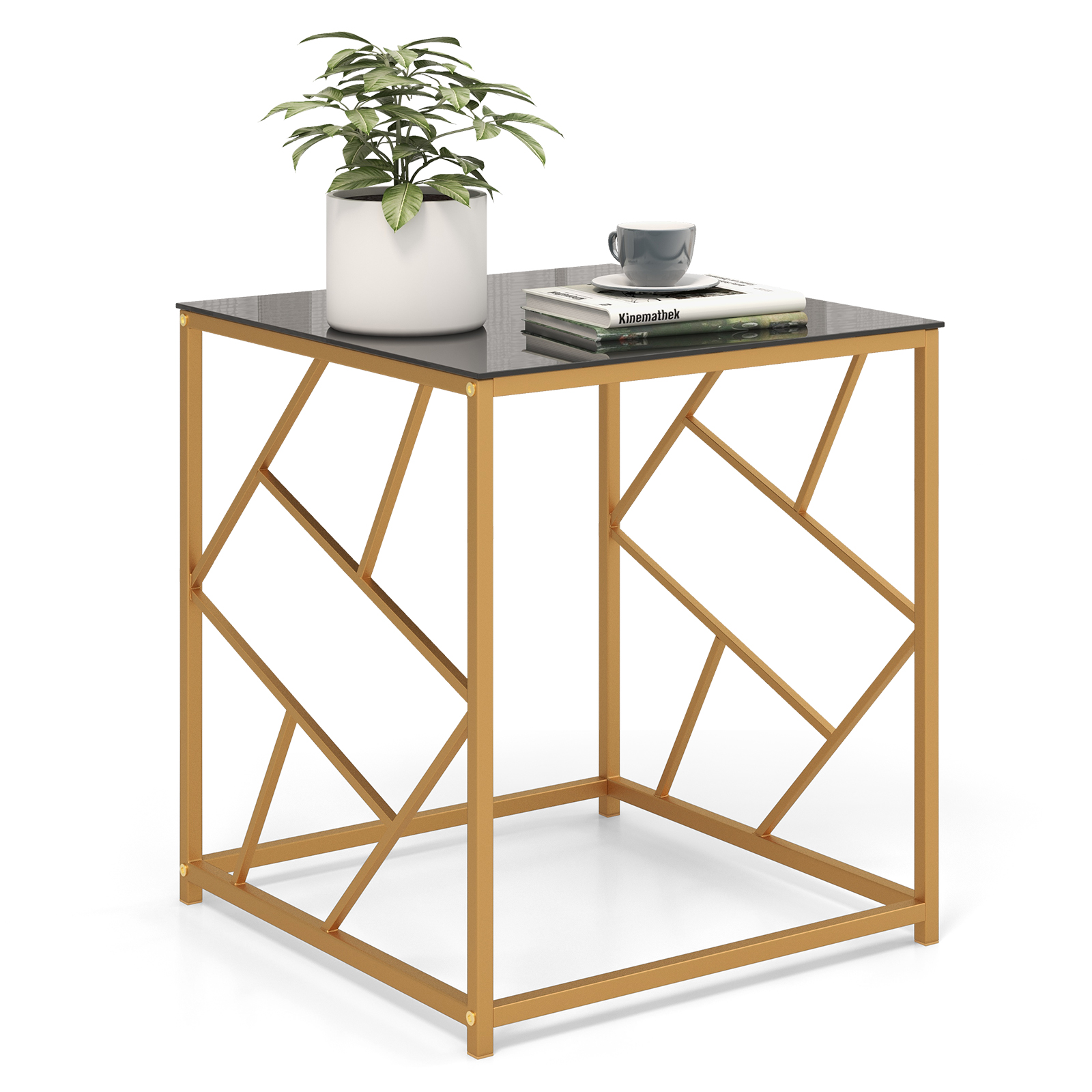Square End Table with Tempered Glass and Gold Finish Geometric Frame-Black