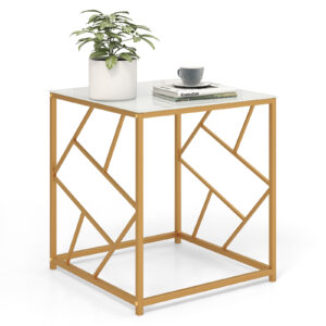 Square End Table with Tempered Glass and Gold Finish Geometric Frame-White