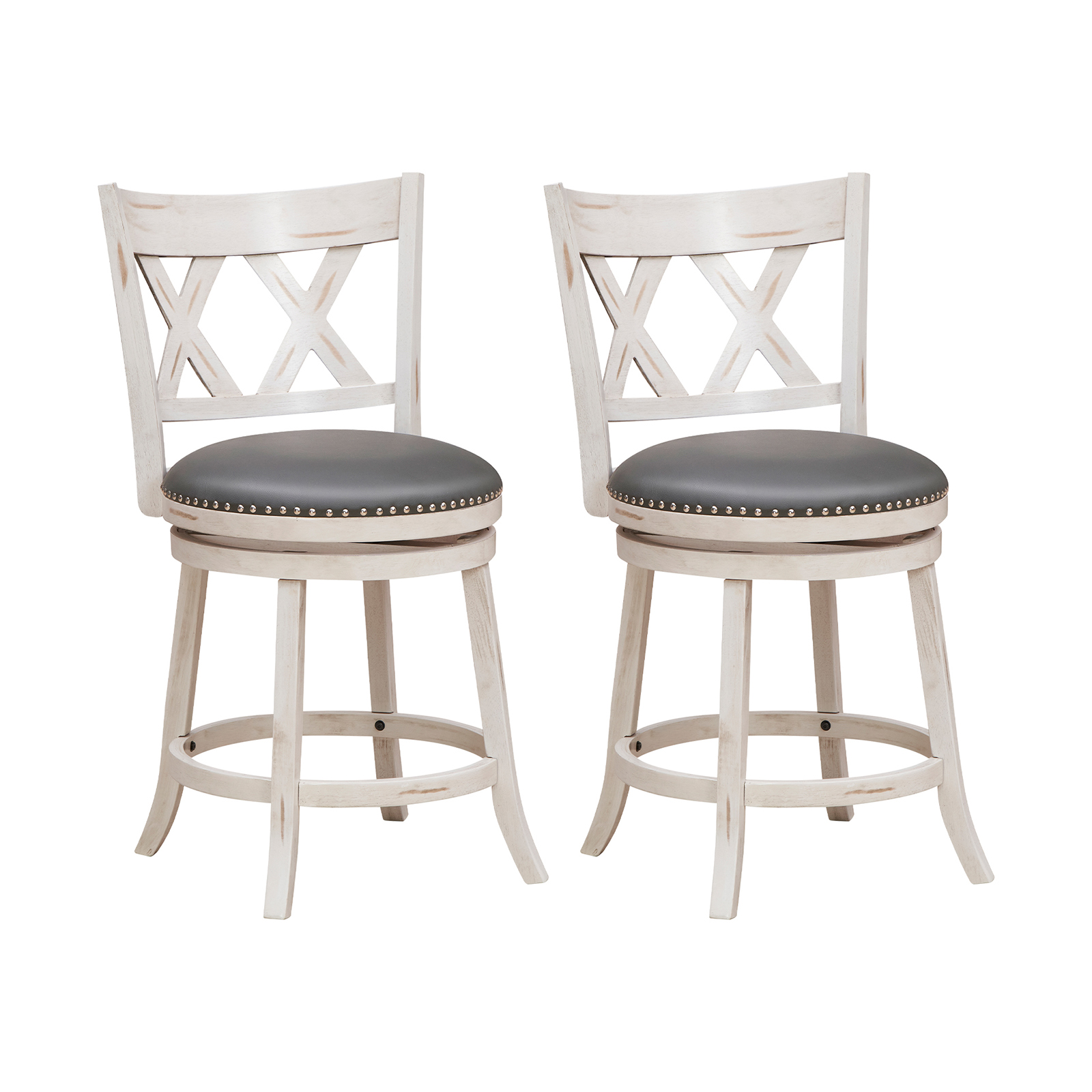 Swivel 64cm Hand-Antiqued Stool Set of 2 with Wider Padded Seat-White-64 cm