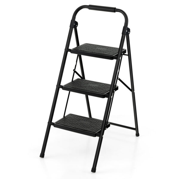 Folding Portable 3 Step Ladder with Anti-Slip Pedal and Handle-Black