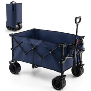 Foldable Wagon with Adjustable Handle and Universal Front Wheels-Blue