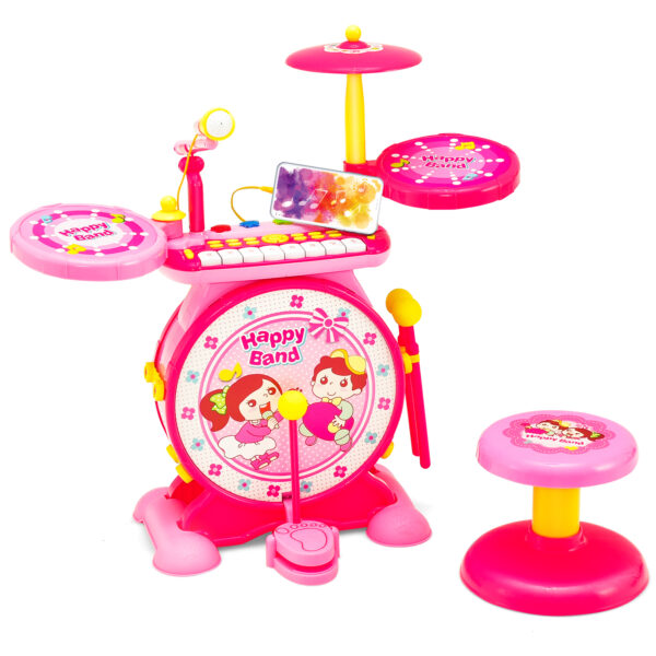 3-in-1 Kids Drum Set with 8 Keys Keyboard and LED Lights-Pink