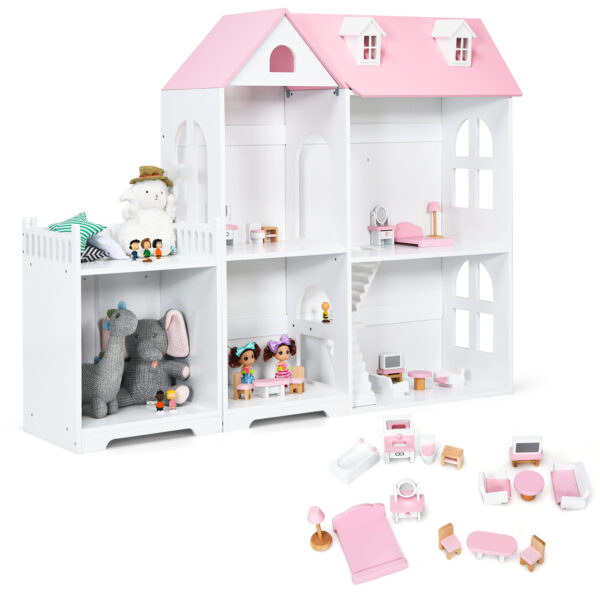 Large Wooden Dolls House with Furniture and Accessories-Pink