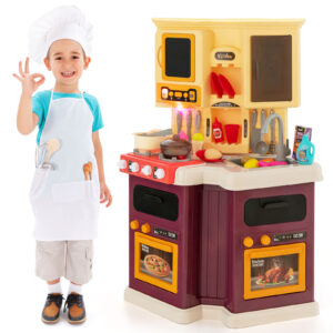 67 PCS Kid’s Kitchen Playset with Vapor and Boil Effects and Running Water-Red